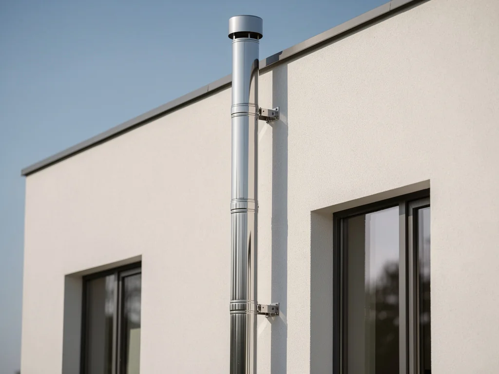 Conduit de fumée en inox tubé le long d'une façade de maison