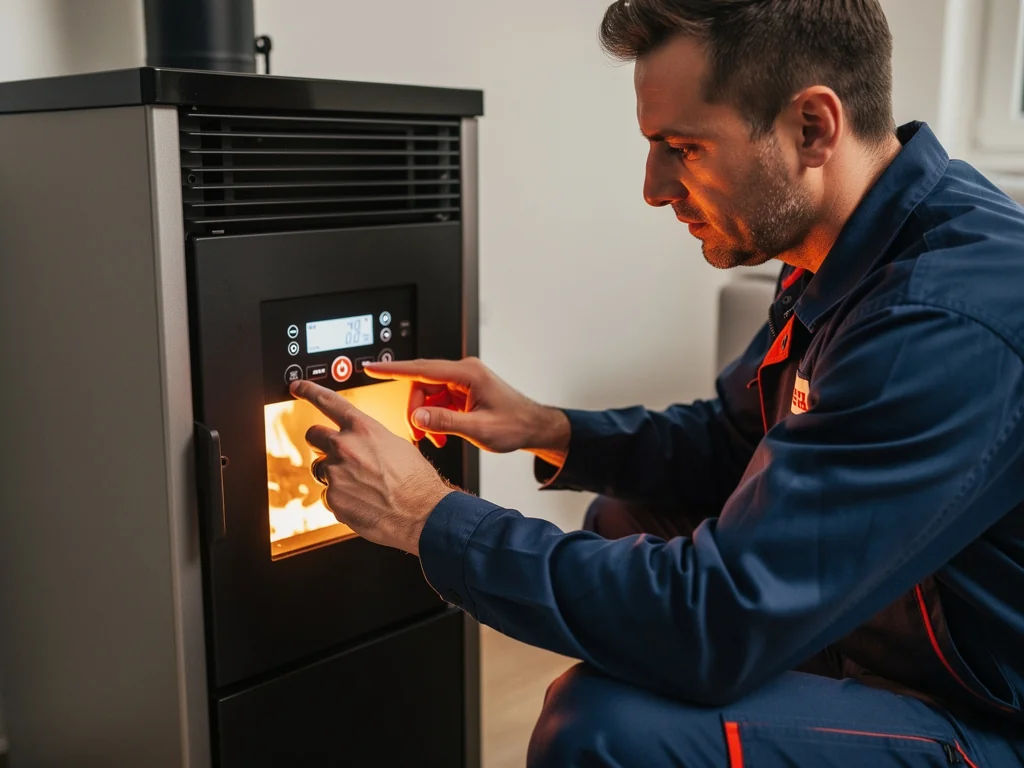 Technicien RGE réglant la combustion d'un poêle à granulé à la mise en service